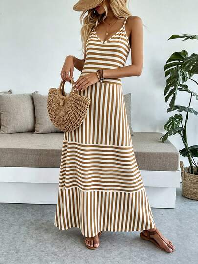 Breezaya Women's Casual Vacation Bohemian Style Striped Spaghetti Strap Dress