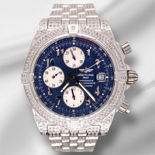Breitling Chronomat 43mm Chronograph Blue Dial 7ct Mens Steel Auto Watch A13356