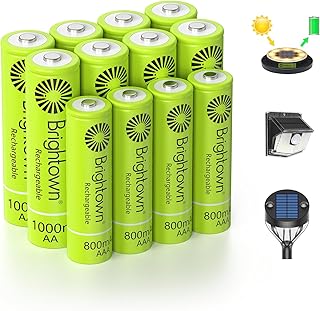 Brightown 8 Pack AA 1000mAh and 4 Pack AAA 800mAh Rechargeable Batteries Combo - 1.2V NiMH High Capacity Battery - Ideal for Solar Lights & Home Devices, Recharge up to 1000x Times, Pre-Charged
