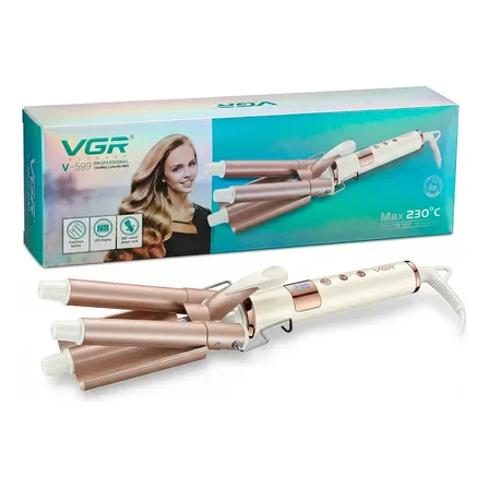 Buclera Rizador 3 Barriles Ceramica Vgr V-599 Triple Ondas 230&deg; Color Blanco y Rosa