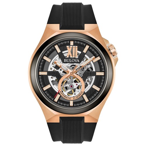 Bulova Men's Maquina Automatic Full Skeleton Black Silicon Watch 46 MM 98A177
