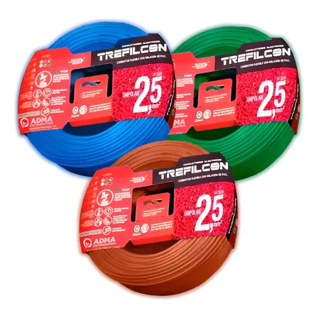 Cable Unipolar 2.5mm Trefilcon Pack X 3 Rollos De 50 Mts Marr&oacute;n, Celeste, Verde