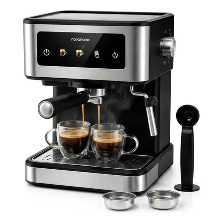 Cafetera Espresso Automatica Digital Novohome 1.7 Lts Express Display Tactil A Color 20 Bar De Presi&oacute;n Acero Inoxidable Con Calentador De Tazas Vaporizador Espumador Plateado