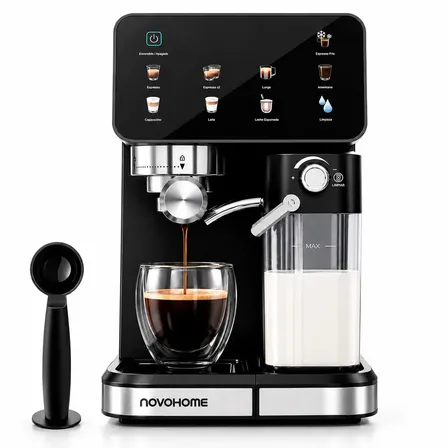 Cafetera Espresso Digital Automatica Novohome 1.5 Litros 20 Bar Display Tactil A Color 7 Tipos de Caf&eacute; Con Espumador Vaporizador De Leche Calentador de Tazas