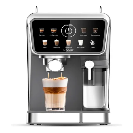 Cafetera Espresso Digital Unnic 20 Bares Con Espumador De Leche 9 Programas Preestablecidos Pantalla T&aacute;ctil 1350W Semi Autom&aacute;tica Color Negro Ideal Hogar Oficina Cocina