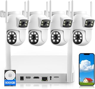 Camcamp Dual-Lens Home Security Cameras System Wireless Outdoor, 4 Cam Kits | 4 Cameras 8 Views, 24/7 Record, Plug-in Powered, Auto Tracking, No Monthly Fee, 5G & 2.4G WiFi, 360&deg; PTZ, 10CH NVR, 500GB HDD