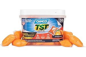 Camco TST MAX RV Toilet Treatment Drop-INs - Control Unwanted Odors & Break Down Waste and Tissue - Safe Septic Tank Treatment - Orange Scent, 30-Pack (41183)