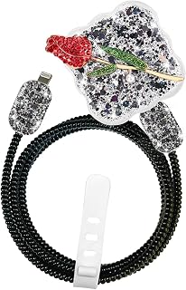 CameCosy Charger Cable Protector Set for Apple 40W Dynamic Power Adapter, Charger Plug Protector with Red Rose Black Bling Design, Soft Data Line Cable Wire Saver Protector for iPhone Charger