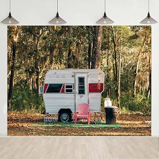 Camp Party Camping Backdrop Sunny Forest Camper Trailer 8x6FT