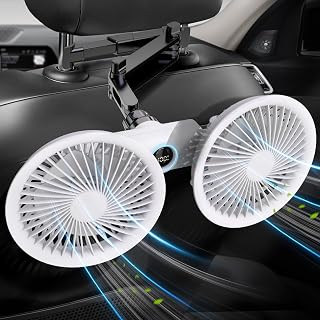 Car fan for Backseat Kids, Rechargeable Battery Powered USB Fans for Car with LED Display, Powerful 3 Speeds 360&deg; Rotation Headrest Dual Head Cooling Car Seat Fan for Baby Rear Facing for SUV Truck
