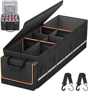 Car Trunk Organizer and Storage with Lid & Removable Leakproof Cooler Bag, Car Accessories 6 Removable Dividers for Custom Space, Collapsible Large Trunk Organizers Interior for SUV Sendan with Cover | Collapsible Trunk Organizers with Lid & Removable Coo