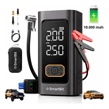 Cargador Arrancador De Bateria Auto Smartbit Maxcharge 4 en 1 Portatil Compresor de Aire 150 Psi Power Bank 10000 mah 1500 amperes Linterna Camioneta Pick UP 4x4 SUV Moto Camion Pantalla Digital
