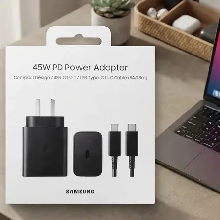 Cargador de Samsung 45W con cable tipo C a C en Color Negro