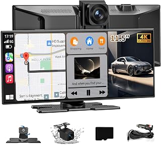 Carplay Screen for Car, 11.5" Wireless Carplay Screen with 4K Dash Cam, 1080P Rear Camera, Portable Car Stereo with A-pple CarPlay & Android Auto Screen, MirrorLink/TF Card/Siri/Bluetooth/AUX/FM/GPS