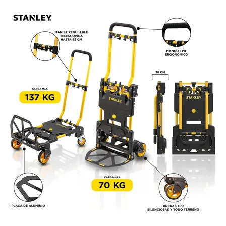 Carro Carretilla Plataforma Stanley 2 En 1 Plegable 137kg