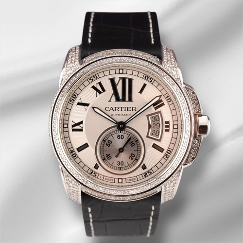 Cartier Calibre 42mm Men's Steel Watch White Dial Iced 2.5ct Diamonds Ref 3389