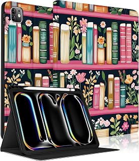 Case for Case for iPad Pro 11-inch (M5) 2025 / (M4) 2024, Girls Women Cute Pretty Folio Cover with Pencil Holder, Auto Week/Sleep Design Tablet Flip Cases (Floral Bookshelf)