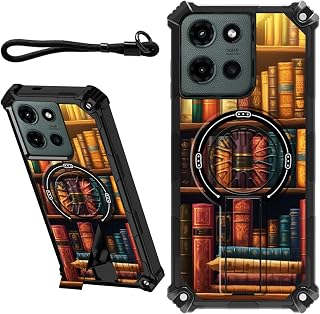 Case for Motorola Moto G Stylus 5G 2025 6.7" with Wrist Strap & Hidden Stand Kickstand Women Men Dual Layer Heavy Duty Shockproof Protective Cover,Vintage Bookshelf