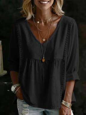 Casual Lace V-Neck /4 Sleeve Top Black, Effortless Style $12.45 Flash Sale