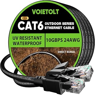 Cat 6 Outdoor Ethernet Cable 50 ft, 24AWG 10Gbps Cat6 Cable Cord Waterproof Direct Burial LLDPE UV Jacket, Internet Network Cable with 20 Ties Support POE Cat6 Cat5e Cat5, CCA, UTP for PC