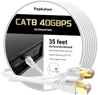 Cat 8 Ethernet Cable 35 ft, Heavy Duty High Speed Cat8 LAN Network Cable, 40Gbps 2000MHz RJ45 Flat Internet Computer Patch Cord, Weatherproof S/FTP UV Resistant for Gaming/Router/Modem,Outdoor&Indoor