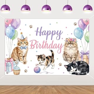 Cat Themed Happy Birthday Backdrop Paw Prints Kitten Kitties Cat Background Banner Cute Sweet Kitty Pet Photography Background for Girls Women Birthday Party Supplies 5 * 3ft