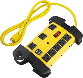 CCCEI Heavy Duty Surge Protector Power Strip with USB. Yellow, 6ft, 1. | Extension Cord with Multiple Outlets, Metal Port Extender, Grounding, Wide Spaced, 8 AC, for Appliance, Garage. ETL Listed.
