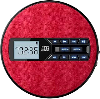 CD Player Portable with Speakers - Rechargeable Personal CD Player for Car and Home, Small Fabric Music Player with Backlit Display, Anti-Skip, AUX/USB Port - Ideal for Audiobooks & Gifts (Red)