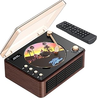 CD Player with Speaker, Retro Portable CD Players for Home with Bluetooth, Hi-Fi Bass Boost, 3600mAh Battery, LCD Screen, Top-Loading Design, USB/AUX Input/FM Radio - Walnut Brown
