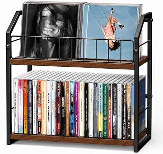 CD Storage Rack, 2 Tier CD holder with Display Shelf, Holds 60 Cases-Walnut | Versatile CD organizer works for DVD storage, books and other media items, keeping jewel cases neat and accessible