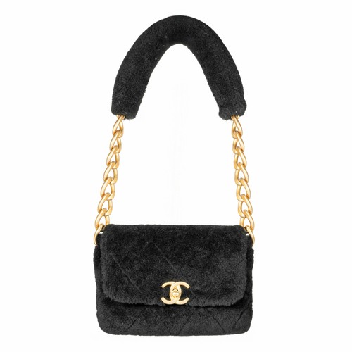 Chanel Shearling CC Bar Chain Handle Flap Bag Small Black