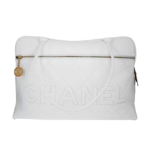 Chanel Stitched Calfskin Logo Bowler Bag Maxi White