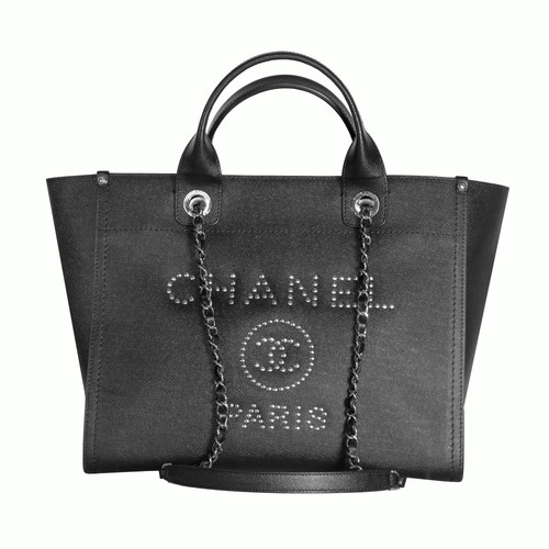Chanel Studded Pebbled Calfskin Deauville Tote Medium Black