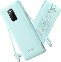charmast 10000mAh Portable Charger with Built-In Cables and AC Wall Plug | Slim All-in-One USB-C Power Bank, Charge Up to 4 Devices at Once, Travel Essential, Compatible with iPhone, Samsung, Android