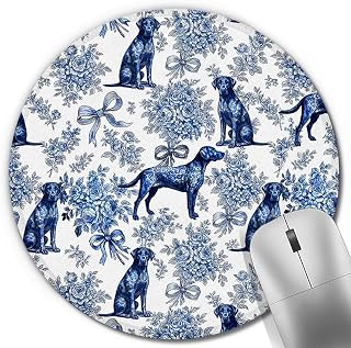 Chinoiserie Labrador Retriever Round Mouse Pad, Labrador Retriever Gifts, Grandmillennial Blue and White Bow Floral Dog Mousepad Mat for Home Office Computer Laptop Desk Accessories 7.9x7.9 in