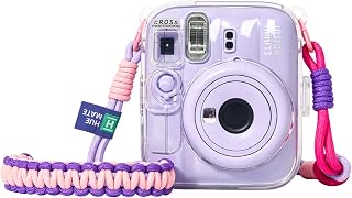 Clear Case for Fujifilm Instax Mini 13, Protective Cover with Anti-Accidental Shutter, 4 Composition Cards, Photo Storage Holds 10 Films,Purple Adjustable Strap, Clear Hard Shell, No Camera