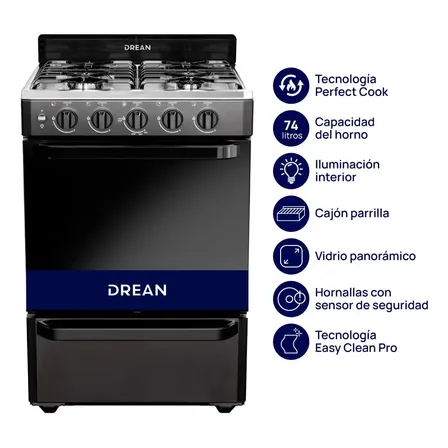Cocina Drean 56cm Negra Horno 74l Luz Encendido Parrilla Multigas Cd5603an0