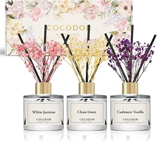 COCODOR Real Flower Reed Diffuser Set of 3/Clean Linen,Cashmere Vanilla,White Jasmine/1.6oz Each Pack/Home Fragrance Diffuser, Oil Scent Diffuser for Bathroom Shelf Decor