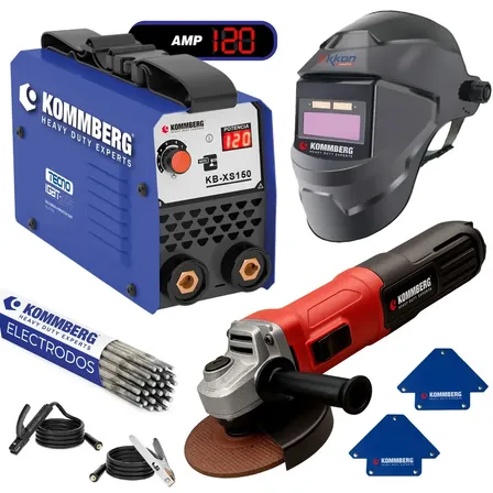 Combo Soldadora Inverter 120a Xs150 Kommberg + Amoladora Angular 750w + M&aacute;scara Fotosensible + 2 Escuadras Magn&eacute;ticas + Electrodos Azul