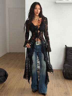 Coolane Women's Fall/All-Season Rave Renaissance Fair Hippie Music Festival Gyaru Lace Straps Ruffle Ribbon Long Coat /Cover Up  #MessyChic