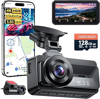 Coolcrazy 4K Dash Cam Front and Rear, STARVIS Sensor, Free 128GB Card Included, 5GHz WiFi-up to 20MB/s, Dual Dash Camera for Cars, Built-in GPS, G-Sensor, WDR/HDR Super Night Vision, 24H Parking Mode