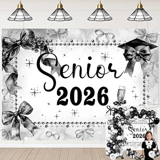 Coquette Senior 2026 Graduate Banner Backdrop 7x5FT Black Bow Pearl Graduation Cap Congrats Grad Background Class of 2026 Party Decorations Photo Props