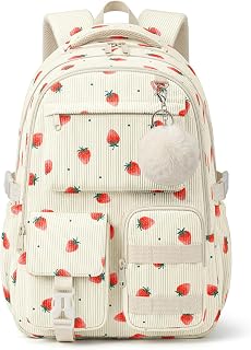 Corduroy Backpack for Teen Girls, Aesthetic Cute Strawberry School Backpack with Multi-Pocket, Lightweight Bookbag Fits 15.6 Inch Laptop, Large Capacity Casual Daypack for School Travel