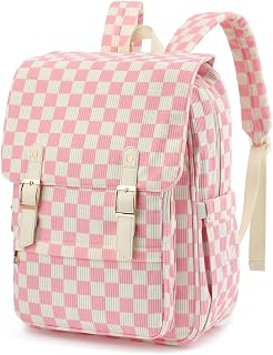 Corduroy Laptop Backpack for Women, Fits 15.6 Inch Computer Bag, College Bookbag Travel Daypack Purse, Work Business Bags - Corduroy Checkered Pink