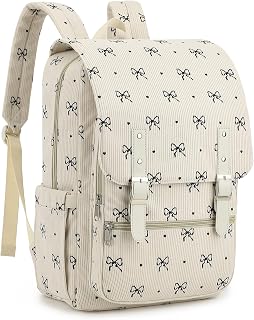 Corduroy Travel Backpack for Women, 15.6 Inch College Laptop Backpack, Fashion School Bookbag Work Backpacks (Corduroy Bow Tie)