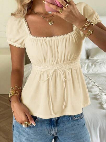 CovetEZ Cotton Summer Set Square Neck Petal Sleeve Tie Front T-Shirt Apricot Color Suitable For Summer