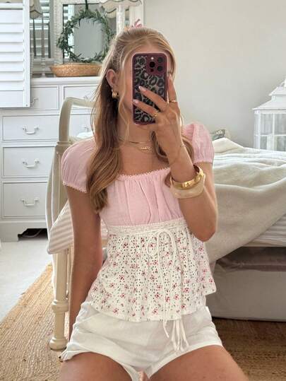 CovetEZ Women's Ditsy Floral Square Neck Short Sleeve Tie Front Casual T-Shirt Smocked Top Milkmaid Pink Babydoll Cute Summer Girly