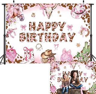 Cowgirl Boots Bow Birthday Backdrop Western Pink Bow Cowgirl Happy Birthday Photography Background Disco Pink Boots and Bows Western Party Decorations Banner Photo Props (94x70inch(8x6FT))