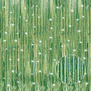 Crosize 3 Pack 3.3 x 9.9 ft Laser Green Foil Fringe Curtains Party Decorations, Laser Green Tinsel Curtain Backdrop for Parties, Door Streamers, Glitter Streamer Backdrop for Birthday Decoration