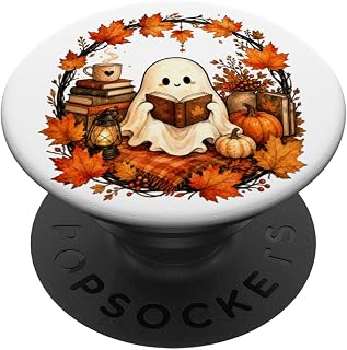 Cute Ghost Reading Book Autumn Maple Leaf Wreath Halloween PopSockets Adhesive PopGrip